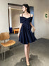 Navy Blue Knee Length Off Shoulder Homecoming Dress, Navy Blue Short Prom Dress